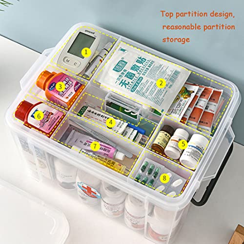 Image of Medicine Storage Organizer Family Plastic First Aid Box with Handle Clear Family Emergency Kit Medication Storage Organizer Box Bins 12.2x9x7.5inch Transparent