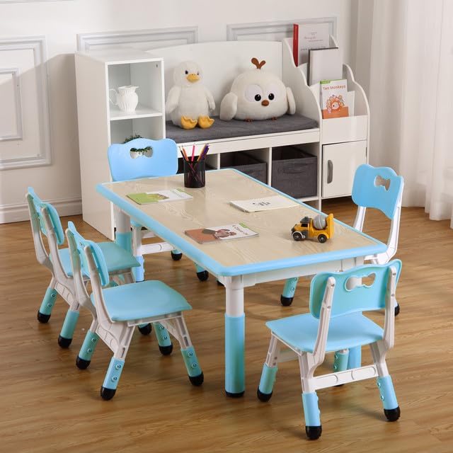 Miniatura 7 de GAOMON Juego de mesa y 6 sillas para niños, altura ajustable, juego de mesa y silla para niños de 2 a 10 años, máximo 300 libras, mesa de arte de
