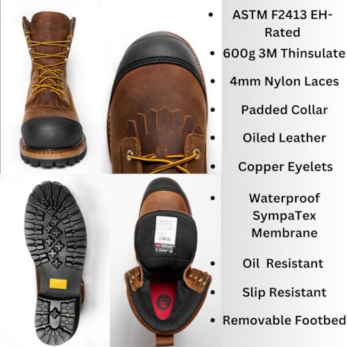 GOODVILLE Men's Catskill-Series 9" Composite Toe 600G Insulated Waterproof Logger Work Boots for Men, ASTM-F2413 EH-Rated, Lace Up Industrial and Construstion Work Shoes with Oil and Slip Resistant Outsole, Durable, Quick Dry, Comfortable, Brown - LS102WI2