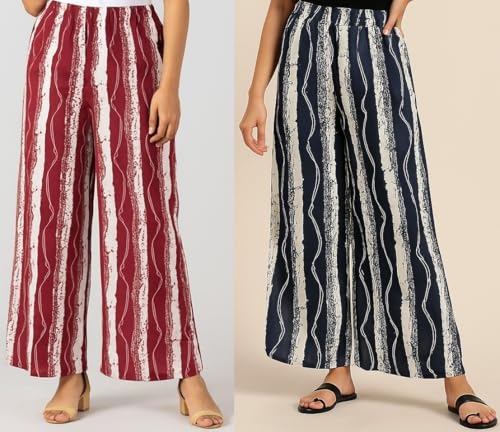 Image of PI World Printed Striped Western Mid Rise Palazzo /Trouser /Pant for Women /Girls Combo 2 (Waist 28 Inches to 36 Inches)