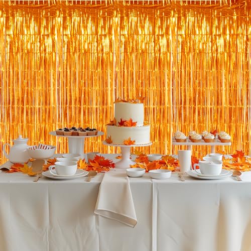 Image of TONIFUL 3Pcs Orange Door Streamers,Photo Booth Backdrop Metallic Streamers Foil Fringe Curtains for Halloween Thanksgiving New Year Bachelorette Birthday Party Streamers Decor(9.9ft x 6.6ft)