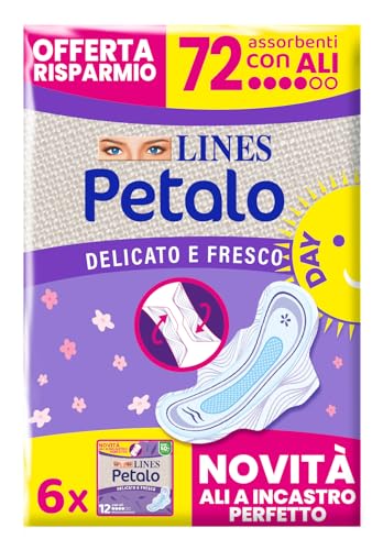 LINES PETALO ULTRA GIORNO con ali, Pacco scorta da 72 assorbenti per ciclo mestruale, ali ad incastro perfetto, zero odori, Ipoallergenico, cuore lines super assorbente, con filtrante seta