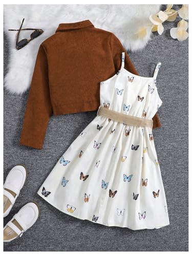 Floerns Girl's 2 Piece Outfit Long Sleeve Jacket Butterfly Print Cami Dress Set2