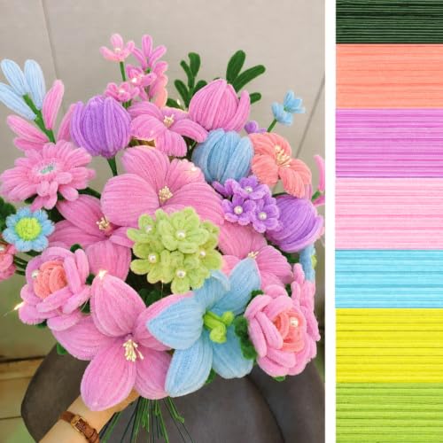 Image of DIY Pastel Pipe Cleaner Flower Bouquet Kit (100 Pcs Stems + Full Accessories) - 6 Pastel Shades with 100 Stamens, 5 Floral Stems, 1 Floral Tape, 25 Pearls & Ribbon for Handmade Crafting & Gifts