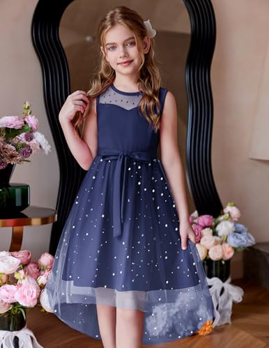 Image of Arshiner Girls Dresses Formal Party Wedding Tulle Sleeveless Contrast Mesh High Low Dress with Belt