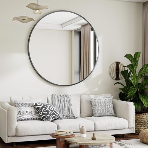 Image of VooBang Black Round Bathroom Mirror, 42 inch Large Circle Wall Mounted Hanging Mirror with Simple Modern Circular Metal Frame for Hallway, Entryway, Living Room, Black Frame