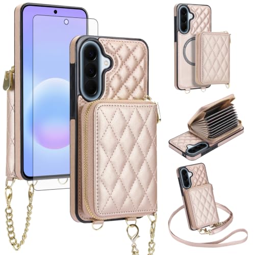 Étui portefeuille amovible pour Samsung Galaxy A37 5G Asuwish or rose avec protège-écran