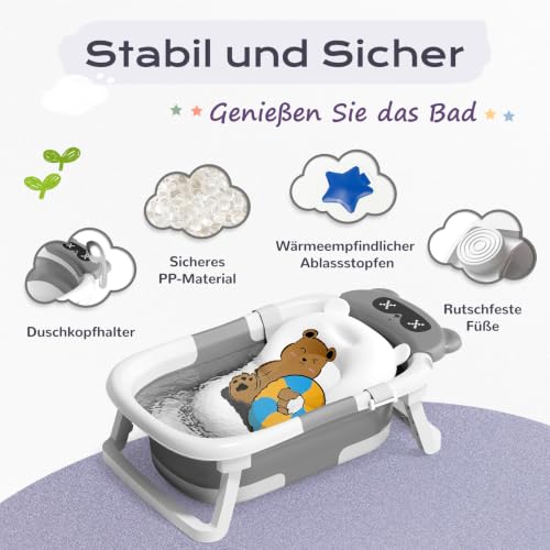 COOSEYA Baby Badewanne für 0-18 Monate, Faltbare Babybadewanne mit Weichem Polster und Temperaturempfindlichem Ablassventil… – Ansicht 4