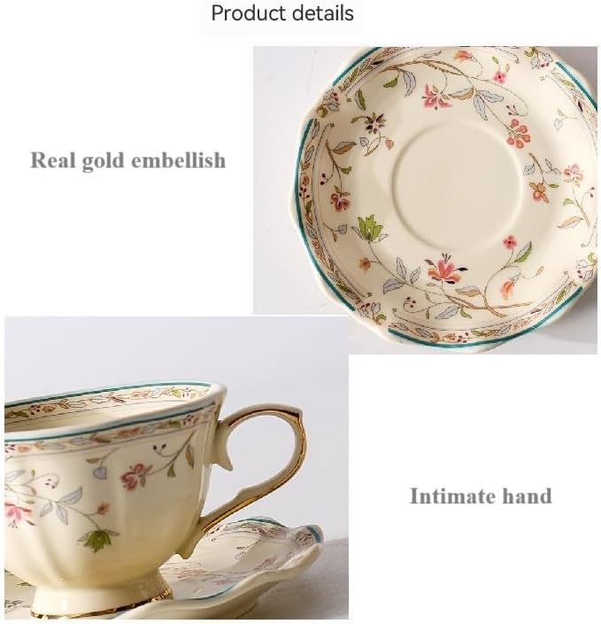 8 oz Vintage flower Ceramic cup and 6" saucer set with Brand customized stainless steel spoon Gifts for Afternoon Tea Coffee Hour (A) - Image 5