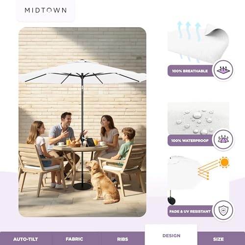 Image of Midtown Umbrellas - 10-Year-No-Fade 10 Ft Patio Umbrella with Terylast Fabric, Auto-Tilt Aluminum Frame and 8 Reinforced Ribs for Deck, Pool, Garden & Beach - Ivory White Canopy, Black Pole