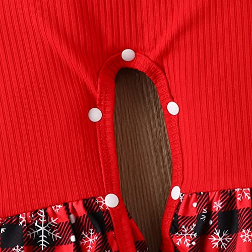 Infant Girls Flare Sleeve Christmas Romper Xmas Letter Plaid Printed Jumpsuit Headbands Set Stage (Red, 6-12 Months) #TOP3