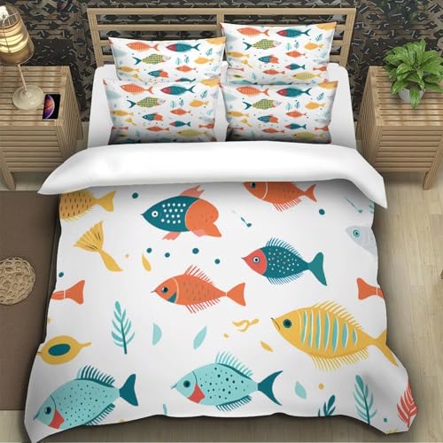 Housse de couette poisson 3D lit simple 140x200 avec fermeture éclair