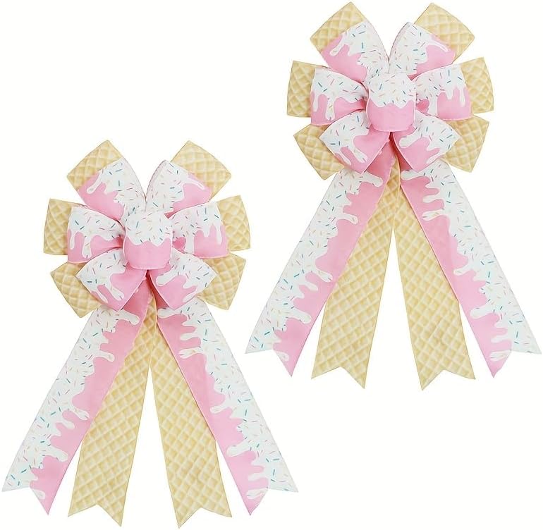1 Pcs Large Summer Bows for Wreath, 17.8 Inch x 9.8 Inch Pink Ice Cream Bows, DIY Craft Bow for Front Door, Summer Party, Home Decor, Gift Wrapping, Porch Decoration
