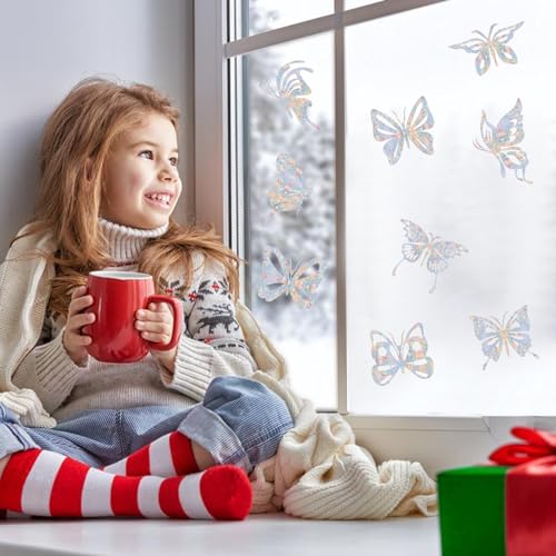 Image of 32PCS Butterfly Window Clings | Anti-Collision Decals, Save Birds from Window Collisions, Non Adhesive Prismatic Vinyl, Rainbow Stickers