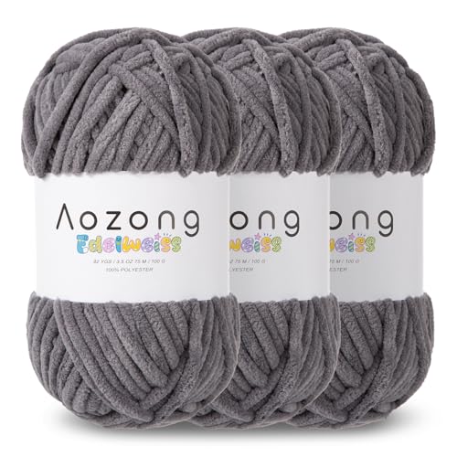 Super Soft and No Shedding Chunky Chenille Yarn for Crocheting and Knitting -Easy to Crochet with-Super Bulky #6, 3Pack of 3.5oz/82yds -Chunky Plush Yarn for Hand Craft Blanket Amigurumi Dark Grey