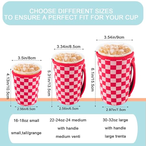 Image of KJQJLY 3 Pack Reusable Iced Coffee Sleeves for Iced Coffee Cups or Drinks Reusable Neoprene Insulated Sleeves for Hot and Cold Drinks from Starbucks, Dunkin, And More (Pink Grid)