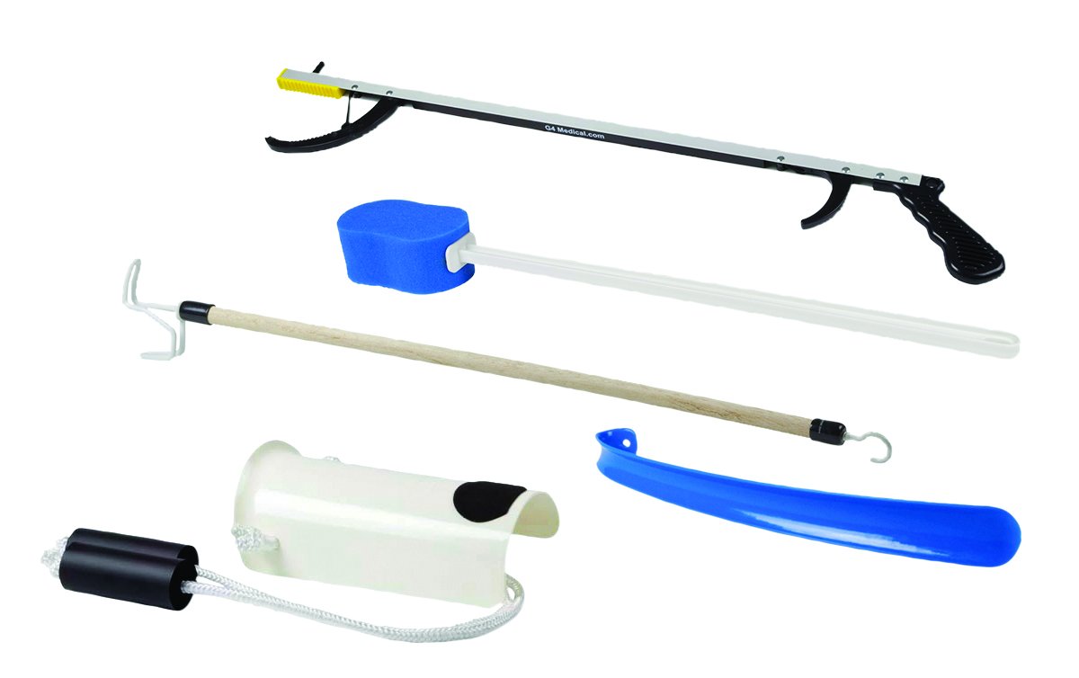 FabLife-86-0074 Multiple Tool Hip Kit Daily Living Aid for Hip, Knee, and Back Rehabilitation, Including: 26" Reacher, Contoured Sponge, Formed Sock Aid, 18" Plastic Shoehorn and 24" Dressing Stick