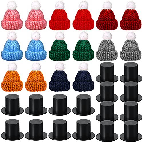 Chalyna 32 Pieces Winter Christmas Mini Doll Snowman Hats for Crafts 16 Small Knitting Santa Hats and 16 Black Plastic Miniature Top Caps for Xmas Ornaments DIY Art and Craft Decoration