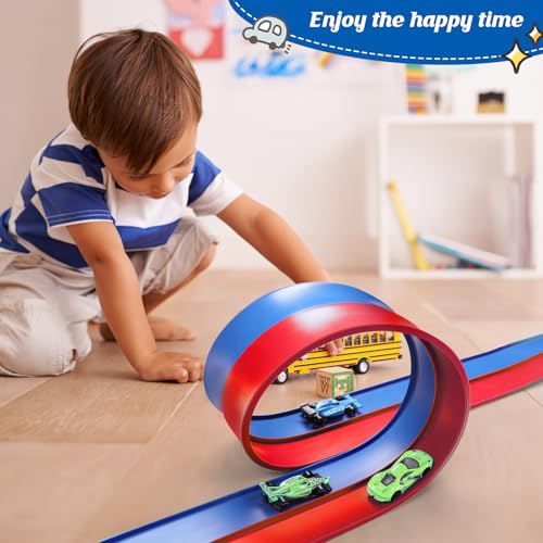 Image of Flexible Race Car Track 15 Ft Starter Set with Suction Cups Compatible with Diecast 1 /64th Car for Ages 3 & Up Classic Blue and Red Double Track Long Rolls Up Portable Racetrack