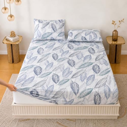 Image of Jaipur Weaves Queen Size Fitted Bedsheet Cotton with Elastic, 100% Pure Cotton Double Bed Fitted Sheet with 2 Pillow Covers, 240 TC, 60x78 Inches up to 8-inch Mattress, Leafy Design - (Tealish Blue)