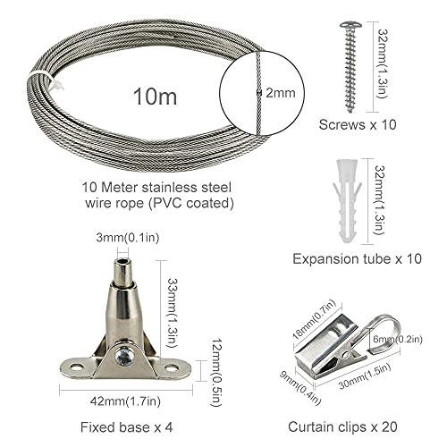 Vorhang Seilspanngarnitur Gardinen 10M Edelstahl Drahtseil Seilspannset mit 4 Eck-Halter für Decke oder Wand,Gardinendraht,Vorhangseil,Gardinenseil, Vorhangdraht