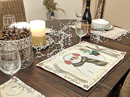 Dada Bedding Magical Snowman Placemats - Set Of 4 Festive Holiday White Tapestry - Cotton Linen Woven Dining Table Mats - 13” X 19” (9733) #TOP3
