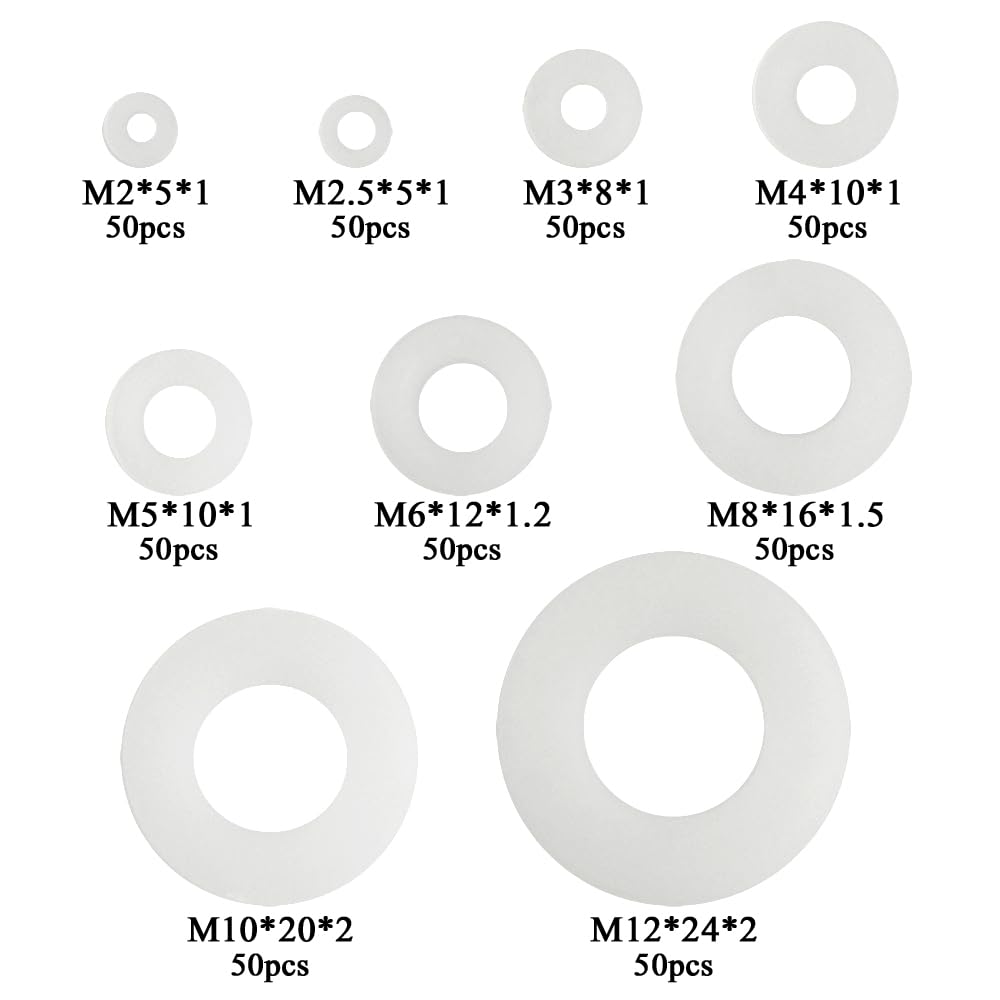 TOVOT 450 PCS Nylon Plastic Insulating Flat Washers Gaskets Spacers Assortment Set -9 Size,for M2.5 M3 M4 M5 M6 M8 M10 M12 Screw Bolt(White) - Image 2