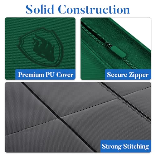 Image of Premium Zip Card Binder, Fabmaker 9 Pocket Trading Card Binder, PU Cover Zipper Card Collection Album, Sturdy 360 Side-Loading Card Folder Holder for Game & Sports Cards, Dark Green