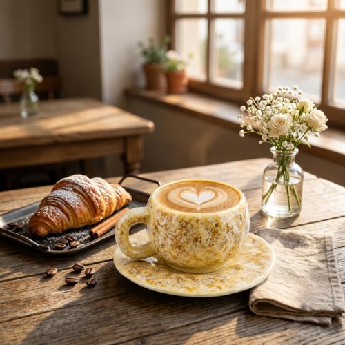 Image of NYRWANA Japanese Style Vintage Ceramic Coffee Cup & Saucer Set with Handle, 250ml Fancy Latte Art Tea Cup for Coffee, Tea, Mugs for Present, Anniversary, Wedding, Marriage Gifts for Couples
