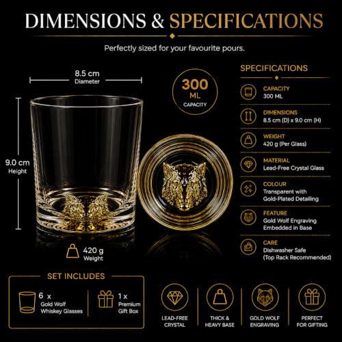 Image of Melbify Gold Wolf Whiskey Glass Gift Set | 6 pcs Set | 300 ml | Premium Packing | Gift Box | Gold-Bottomed | Imported | Luxurious | Ideal for Wedding Gifts, Anniversary, VIP and Corporate Gifts