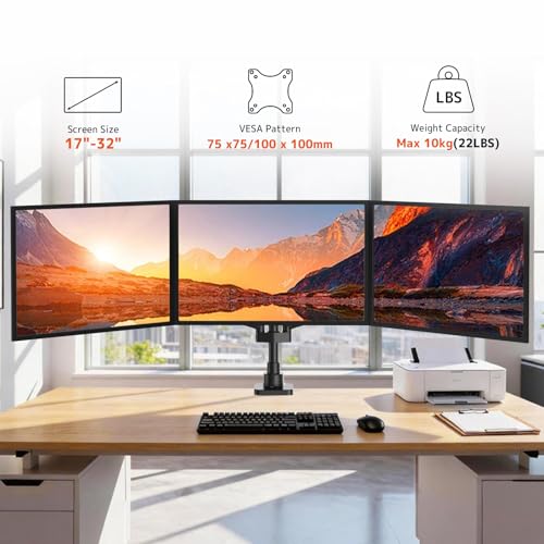 Image of PUTORSEN Triple Monitor Mount for 17 to 32 inch Screens, Fully Adjustable 3 Monitor Stand for Desk Mount, with Heavy Duty Clamp and Grommet Mounting, 22 lbs per Arm, 75 /100mm