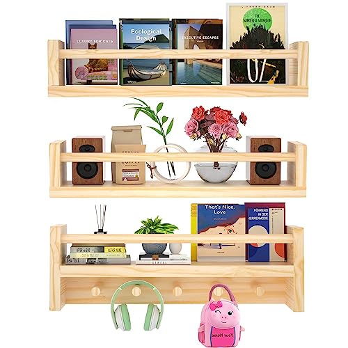 Image of TROAKAOI 23.6 Inch Nursery Book Shelves Set of 3, Floating Wood Book Shelf for Kids, Wall Bookshelf Organizer for Nursery Decor & Playroom Decor (Natural Wood)