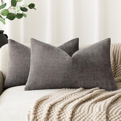 Image of Foindtower Pack of 2 Soft Textured Chenille Throw Decorative Pillow Covers Lumbar Accent Solid Cushion Cover Cozy Farmhouse Pillow Case with Zippe for Couch Sofa Bed Living Room 12x20 Inch, Charcoal