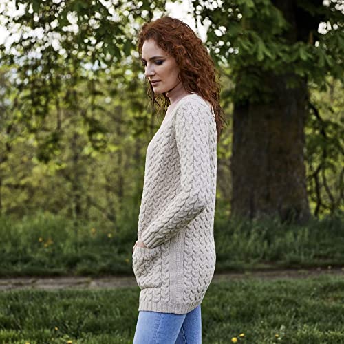 Image of SAOL Aran Coat for Women - Irish Open Front Fisherman Cardigan with Pockets - Merino Wool Made in Ireland