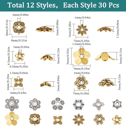 SUNNYCLUE 1 Box 360Pcs 12 Styles Spacer Beads Bulk Flower Bead Caps Findings Tibetan Silver Alloy Antique Gold Metal Filigree Flowers End Caps for jewellery Making Supplies DIY Bracelet Necklace - Image 2