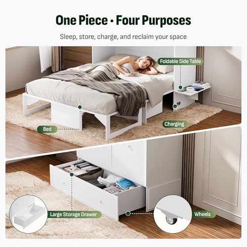 Image of Softa Queen Murphy Bed Cabinet with 4 inch Tri-Fold Mattress, Storage Drawer & Charging Station, 1200 Lb Heavy Duty Wood Wall Bed with Fold-Down Desk for Guest Room & Home Office, No Box Spring Needed