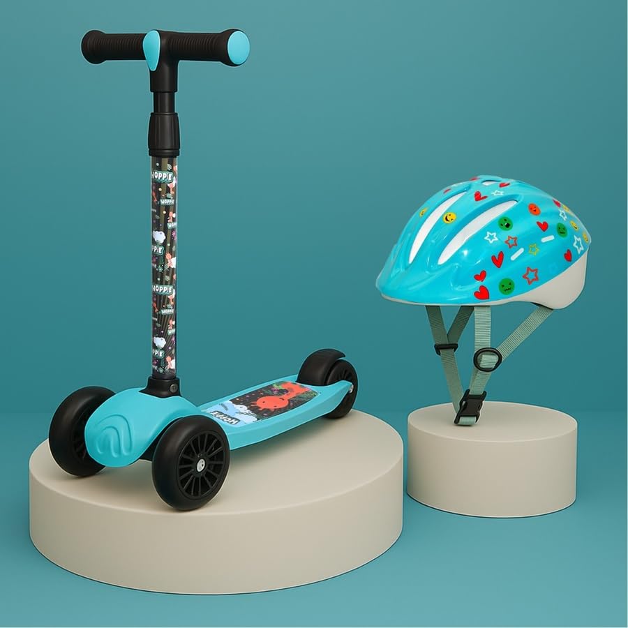 Hoppie Kids Scooter Age 3–6 Years | 3-Wheel Kick Scooter with Helmet Combo (Blue) | Foldable | Adjustable Height | Anti-