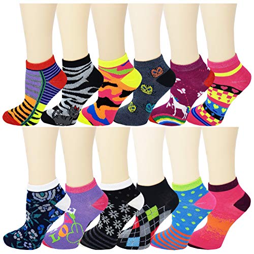 Differenttouch 12 Pairs Pack Women Low Cut Colorful Fancy Design Ankle Socks (9-11, Assorted 111)