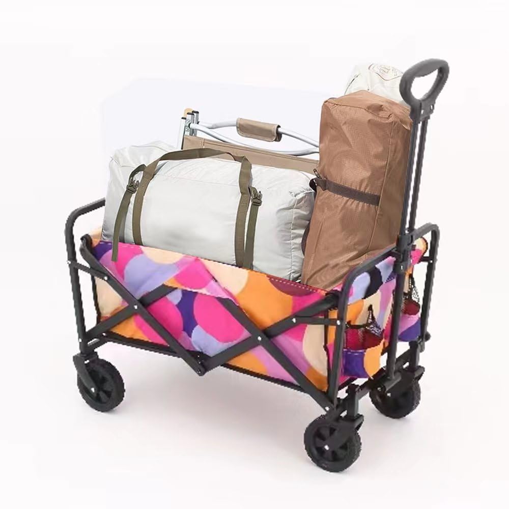 LOVEYBEAUTYCollapsible Folding Wagon - Heavy-Duty Cart with Dual Drink Holders - Multi-Purpose Utility Grocery Wagon for Camping, Shopping, and Sports (5inch)