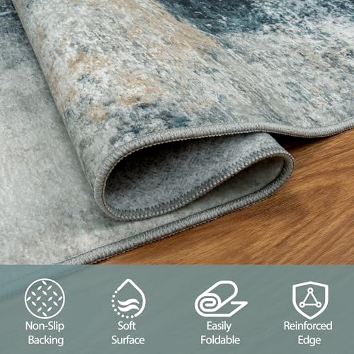 4x6 Area Rugs for Living Room Rug Washable: Abstract Rug for Dining Room Bedroom Carpet Non Slip 4 by 6 Indoor Modern Nursery Home Office Teal Grey Gold