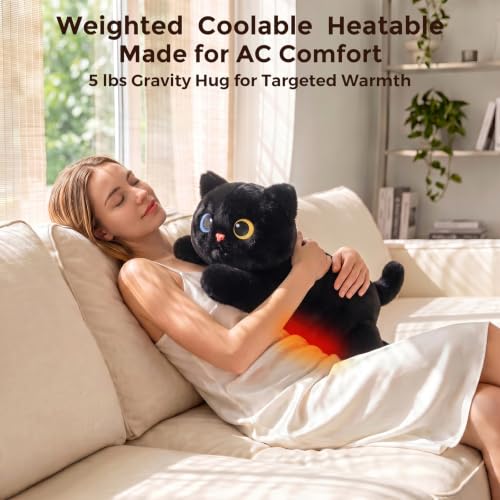 Image of Mewaii Weighted Stuffed Animals 5 lbs Adjustable, Heated & Coolable 23 Inch Plush for Realistic Hug, Microwavable Removable Inner Pad, Cat Gifts for Adults & Kids (Black)