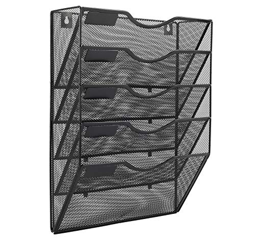 Easypag 5 Pockets Mesh Wall File Holder Organizer Office Hanging Magazine Rack | Nametag Label Included,Black #TOP2