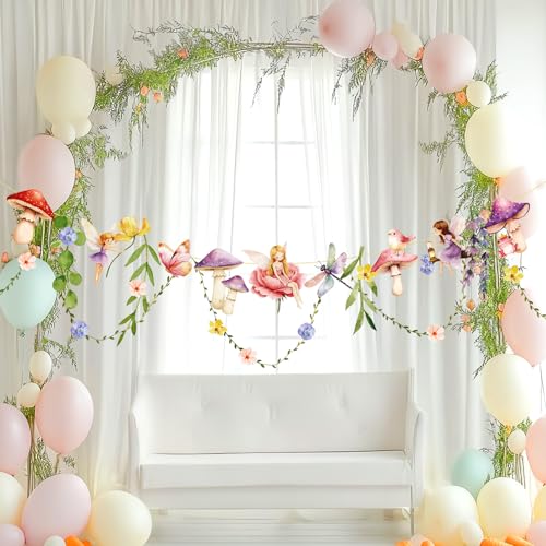 Image of Fairy Party Banner, Fairy First Birthday Party Decorations, Mushroom Flower Banner for Baby Shower Garden First Fairies Tale Theme Girls Birthday Wedding Decor
