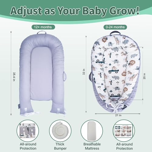 Image of Infant Support Cushions | Baby Lounger | Cotton Infant Lounger | Reversible Adjustable Portable Floor Lounger | Supervised Awake Only No Sleeping | Soft Breathable Washable Cover (Animal)