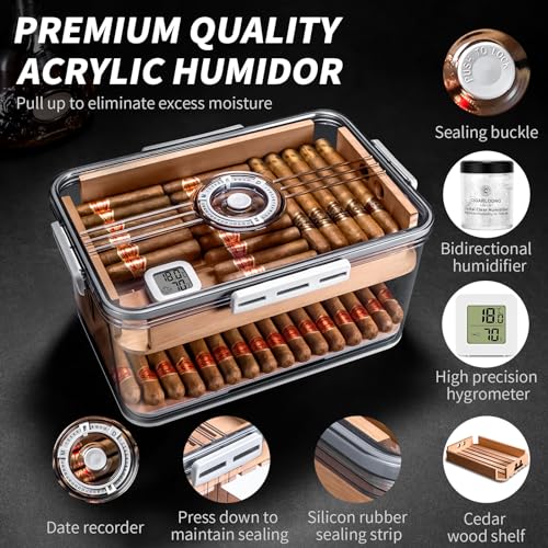 Image of Cigar Humidor Clear Acrylic Humidor Spanish Cedar Shelf Cigar Case Box Portable Airtight Container Holds 80-100 Cigars with Humidifier&Hygrometer Thermometer(Large)