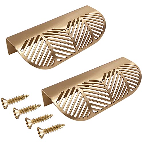 Oneyijun 2 Pcs Leaf Shape Cabinet Drawer Wardrobe Door Brass Gold DecorativeFurniture Pulls Handles Kitchen Door Drawer Pull Knobs with Screws for Bathroom Bedroom (117mm Style1)