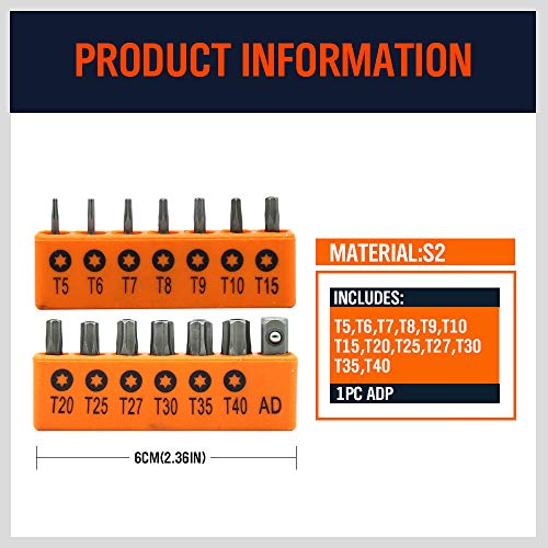 HORUSDY 14-Piece Tamper Resistant Star Bits, S2 Steel, T5 - T40 Security Torx Bit Set (14-Piece)