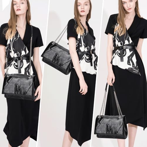 Image of Chain Shoulder Bag Tote Bag for Women Fashion PU Leather Hobo Purse Carry on Bag Satchel Handbags Tote Purse(BLACK)
