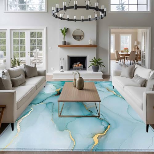 Rectangle Area Rug 6x9ft, Abstract Teal Marble Gold Stripe Non