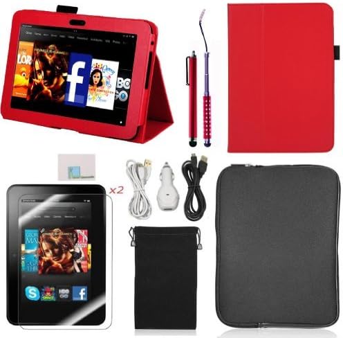 Llamamia Folio Stand PU Leather Case Cover Bundle for Kindle Fire HD 7 Inch (2012 Version) with Car Charger, Two 6F Cables, Velvet Bag, Zipper Sleeve Bag, 2 Screen Protectors, 2 Stylus(Not Compatible with Kindle Fire HD 7 2013 Release)(Red)